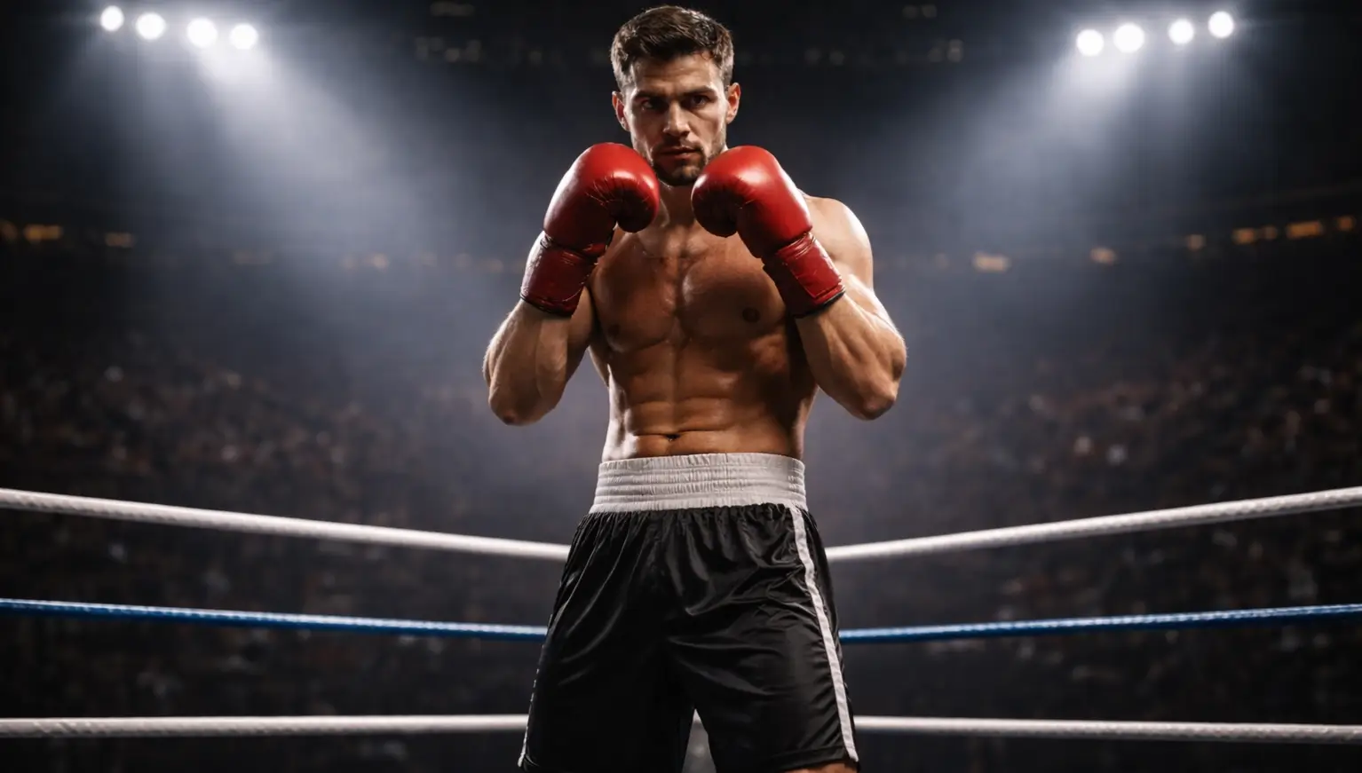 Boxeur debout dans un ring de boxe sous un éclairage dramatique avant un combat professionnel
