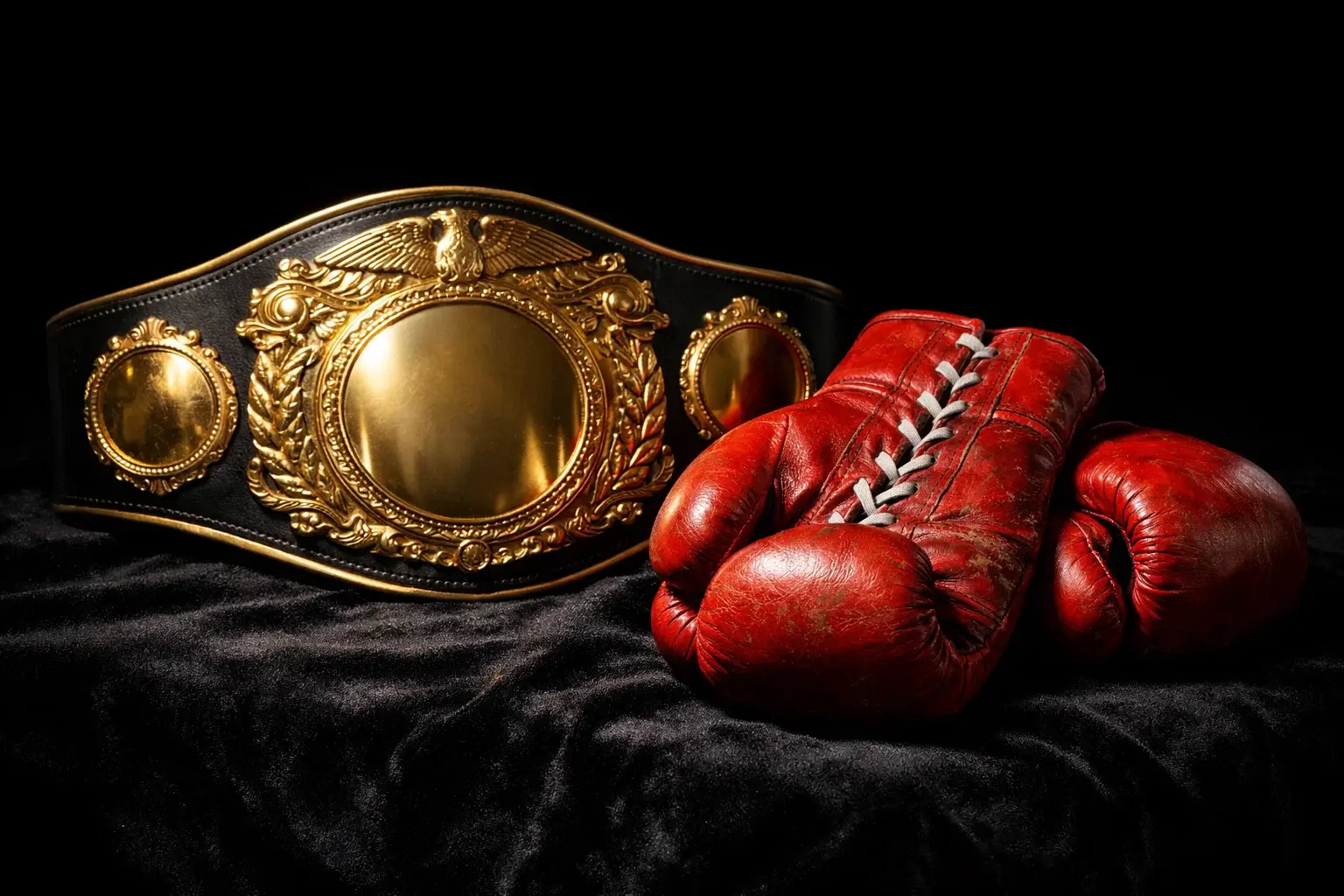 Ceinture de champion du monde de boxe exposée à côté de gants de boxe professionnels