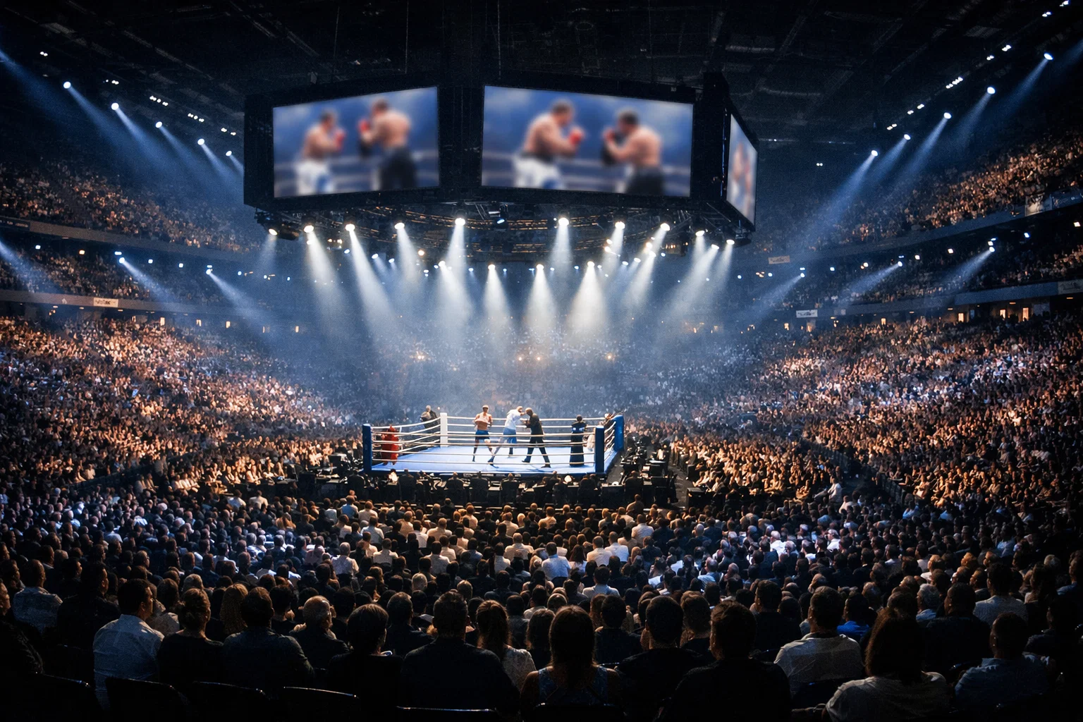 Vue panoramique d'une arène de boxe remplie de spectateurs lors d'un championnat du monde