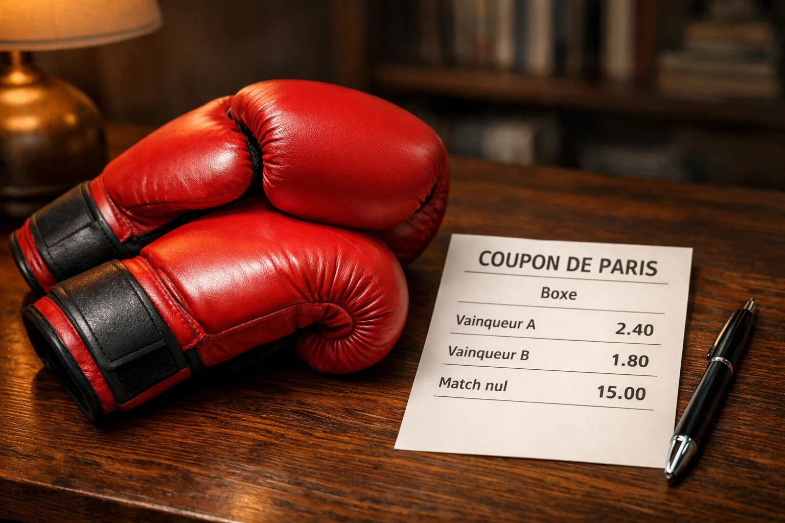 Gros plan sur un tableau de cotes de paris avec des gants de boxe posés à côté