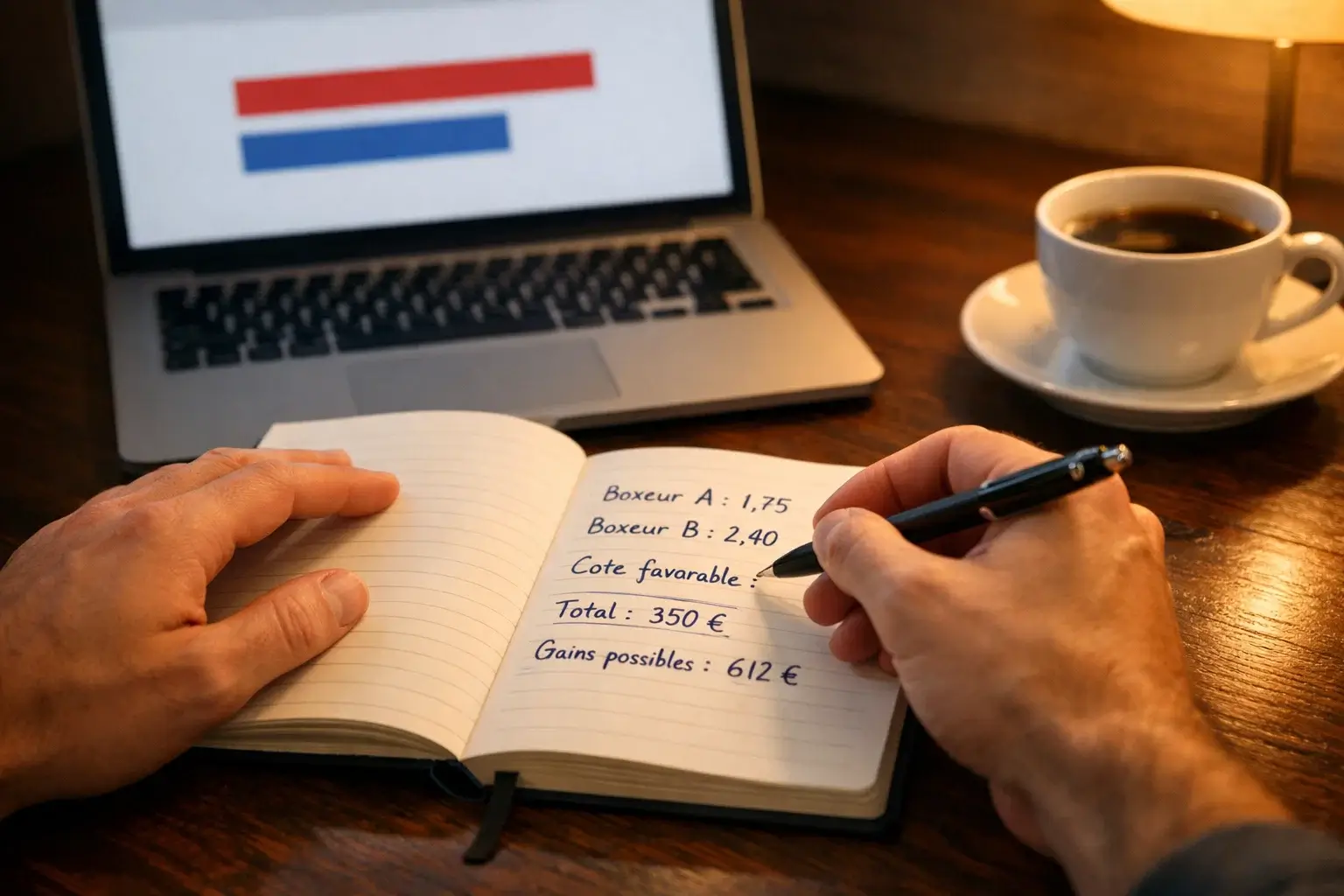 Personne analysant des cotes de paris sportifs sur un écran avec un carnet de notes à côté