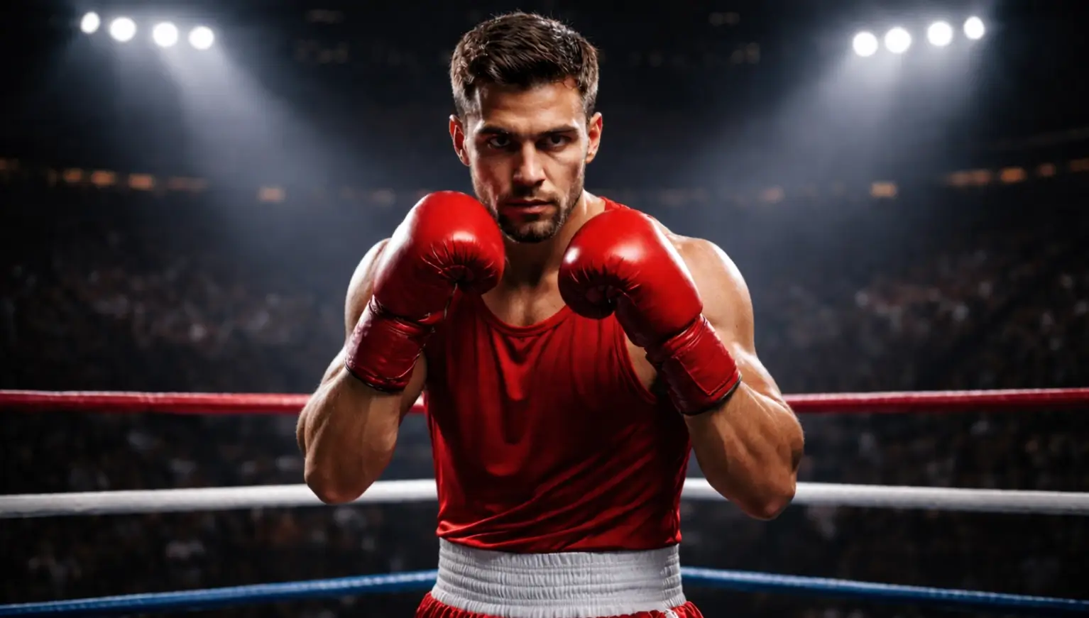 Boxeur en position de garde sur un ring de boxe éclairé par des projecteurs