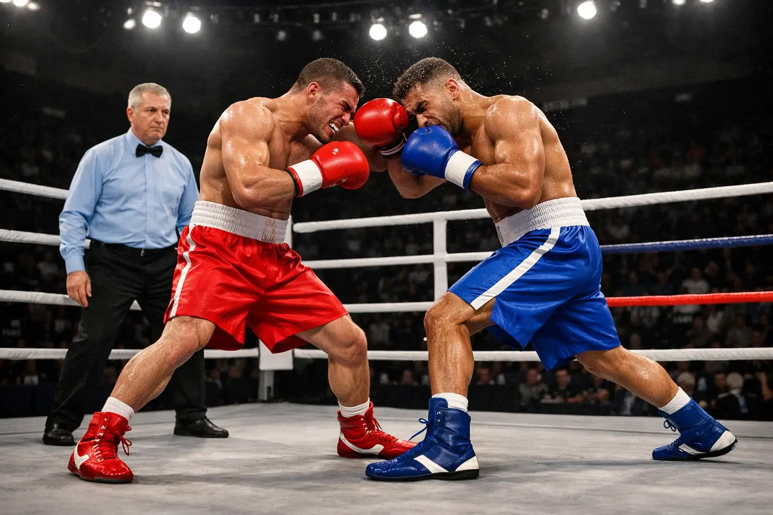 Deux boxeurs échangeant des coups de poing dans un ring de boxe professionnelle avec un arbitre