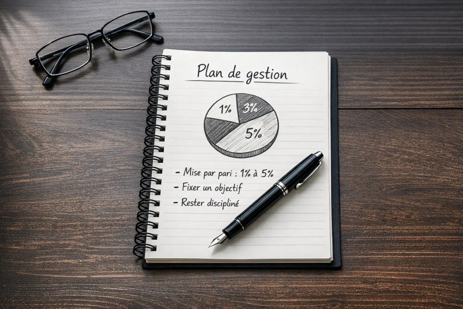 Bloc-notes avec un plan de gestion de bankroll et un stylo posé sur un bureau