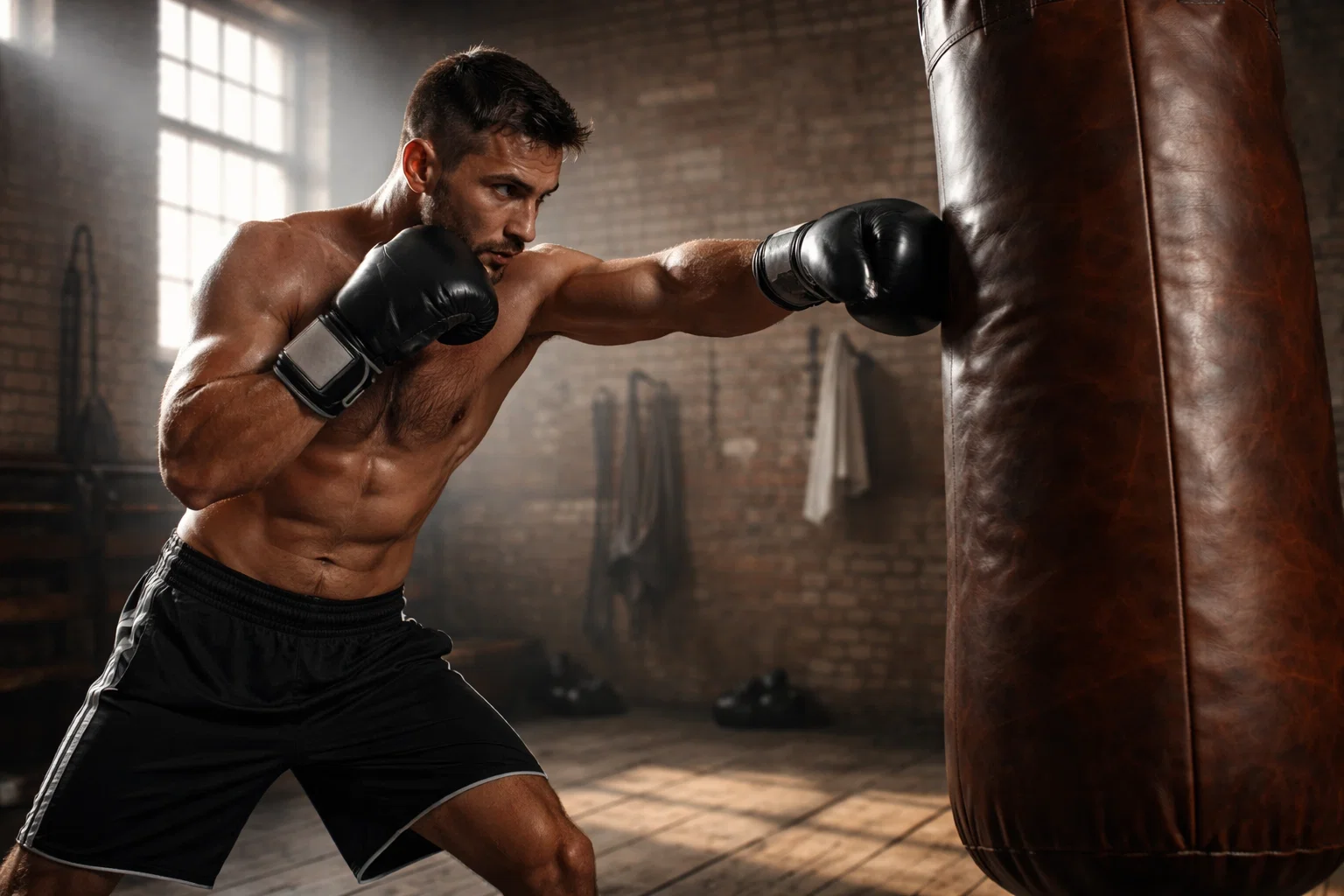 Boxeur concentré à l'entraînement frappant un sac de frappe dans une salle de boxe