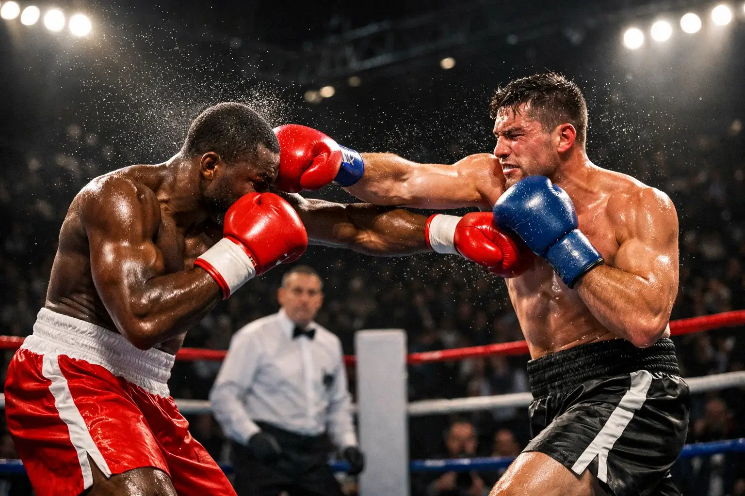 Deux boxeurs échangeant des coups sur un ring lors d'un combat professionnel